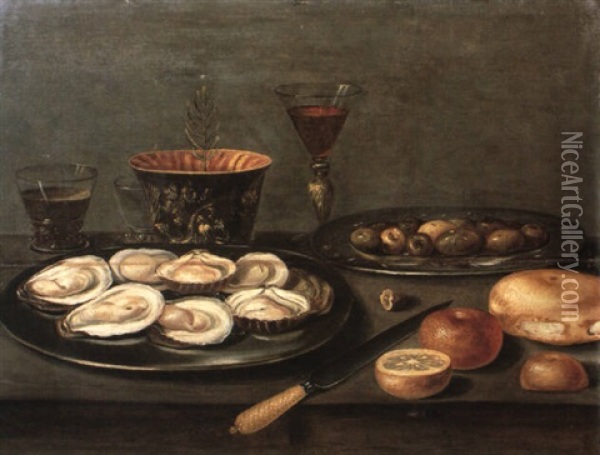 Still Life With Oysters And Olives On Plates, Wine Glasses...on A Table Oil Painting - Osias Beert the Elder