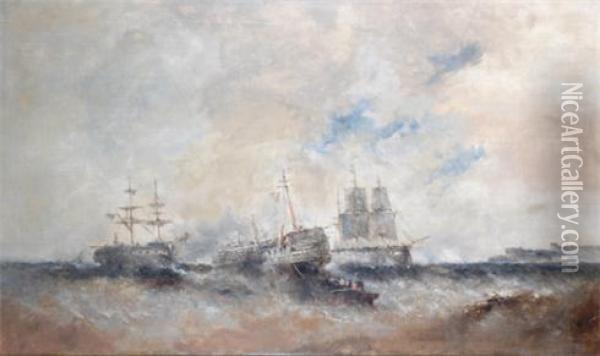 A Large Coastal Scene, Man Of War And Wreck At A Harbour Entrance Oil Painting - William McAlpine