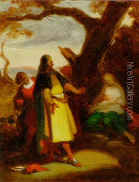 An Elegant Traveller Discovering A Woman And Child In A Landscape Oil Painting - Alexandre-Evariste Fragonard