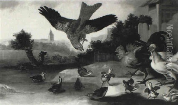 Chicks, Ducks And Other Birds Frightened By A Hawk Oil Painting - Francis Barlow
