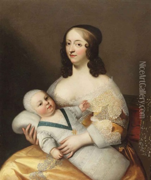 Double Portrait Of Dame Longuet De La Giraudier And The Dauphin, The Future Louis Xiv, King Of France Oil Painting - Henri Beaubrun