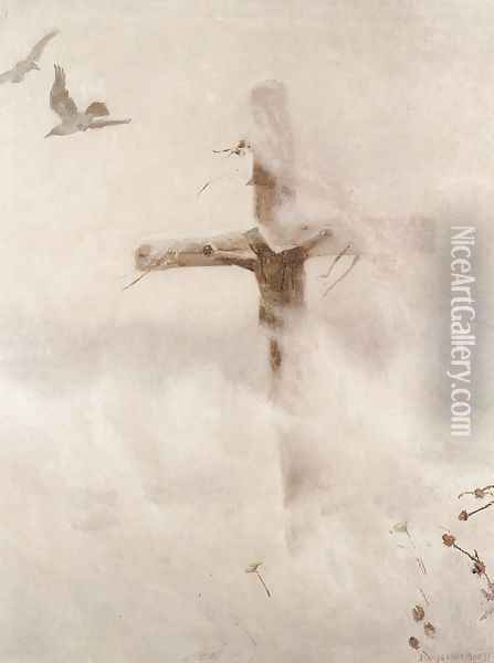 Cross in Blizzard Oil Painting - Jozef Chelmonski