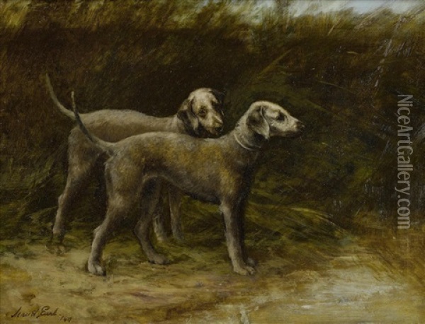 Two Bedlington Terriers (champion Breakwater Squire And Champion Breakwater Girl) Oil Painting - Maud Earl