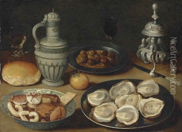 Sweetmeats In A Wanli Kraak Porcelain Bowl, Oysters And Olives On Pewter Platters, A Roll, An Orange, A Stoneware Jug, A Roemer And Other Vessels... Oil Painting - Osias Beert the Elder