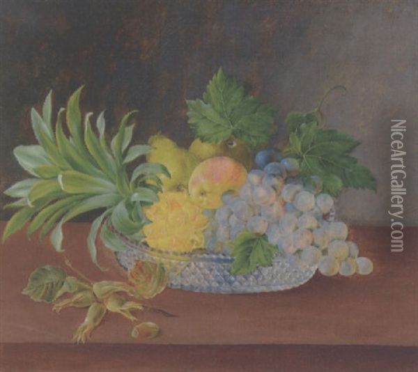 Ananas, Druer Og Paerer I En Glasskal Pa En Karm Oil Painting - Hanne Hellesen