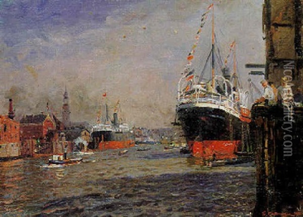 Ein Sonniger Tag Im Hamburger Hafen Oil Painting - Friedrich Kallmorgen