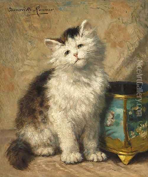 Kitten by a cloisonne jardiniere Oil Painting - Henriette Ronner-Knip