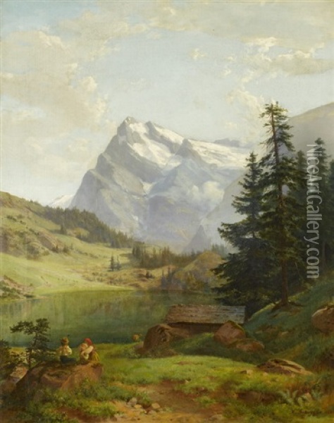 Goldzernsee Im Kanton Uri Mit Pristenstock Oil Painting - Xaver Schwegler