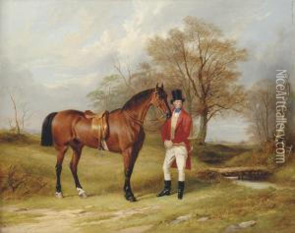 A Gentleman Standing Beside His Hunter, In A Wooded Landscape Oil Painting - James Walsham Baldock