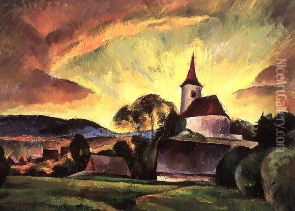 Village in Transylvania 1923 Oil Painting - Gyula Rudnay
