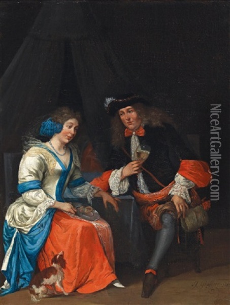 An Elegant Gentleman And A Lady Conversing Oil Painting - Jan Grasdorp