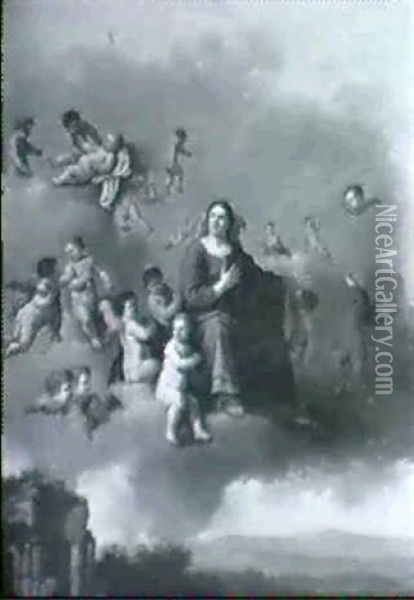 Maria Und Engel Auf Wolken Uber Einer Landschaft Mit        Antiken Ruinen Oil Painting - Cornelis Van Poelenburgh