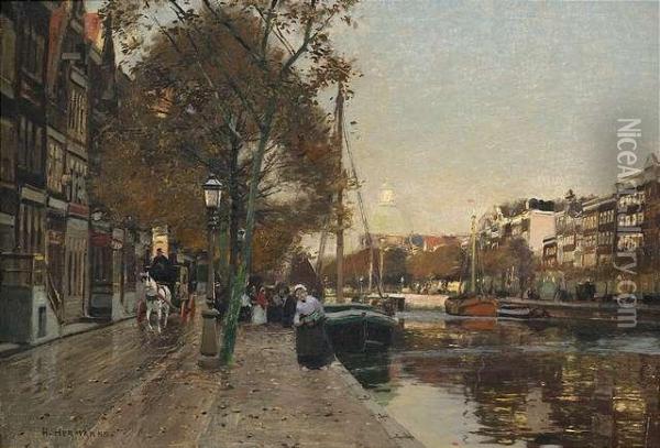 At A Town Canal In Amsterdam. Oil Painting - Heinrich Hermanns