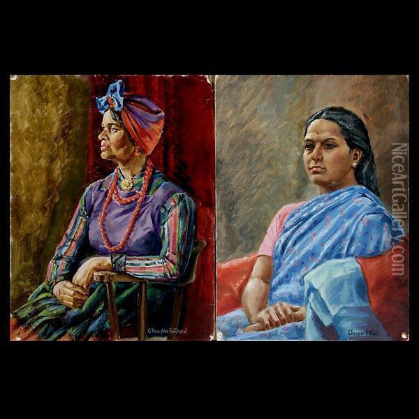 Portrait Of A Woman In A Sari Together With A Portrait Of A Woman With A Red Necklace. Oil Painting - T. George