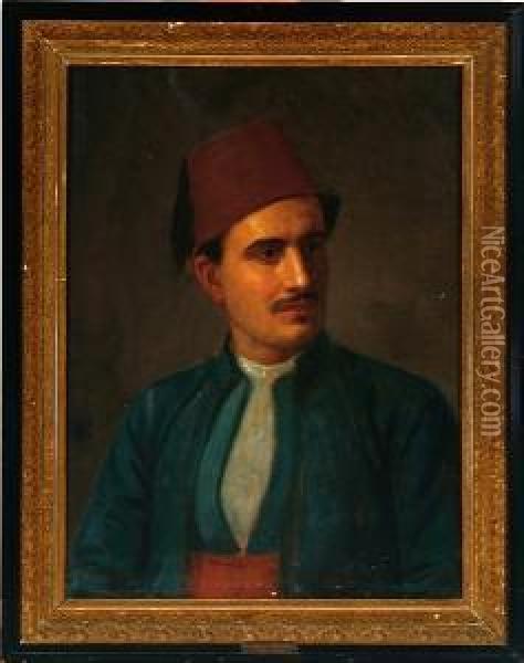 A Turkish Man With A Red Fez Oil Painting - August Heinrich Schiott