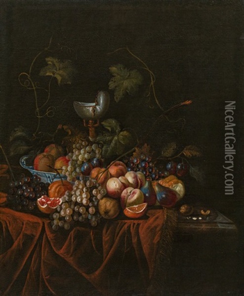 Still Life With Cup, Fruits And Vine Branches On A Red Tablecloth Oil Painting - Huybert van Westhoven