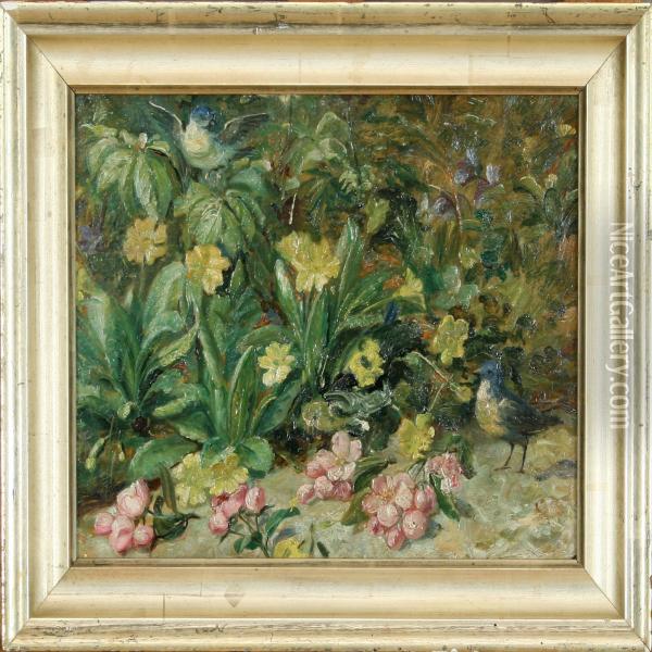 Small Birds By A Bed Of Flowers. Unsigned. Inscribed On The Back Oil Painting - Otto Schondel