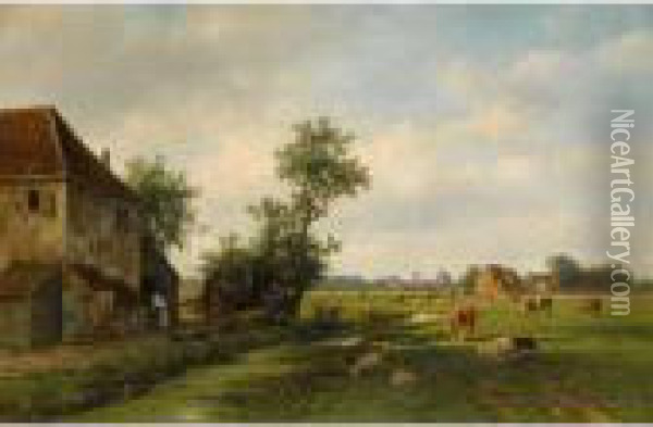 A Sunny Landscape With Cattle Near A Farm Oil Painting - Willem Vester