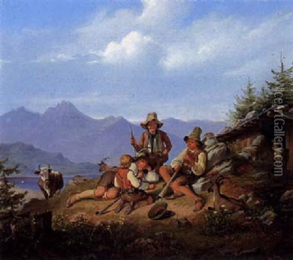Auf Der Alm Rasten Vier Hirtenjungen Oil Painting - Friedrich Moritz Wendler