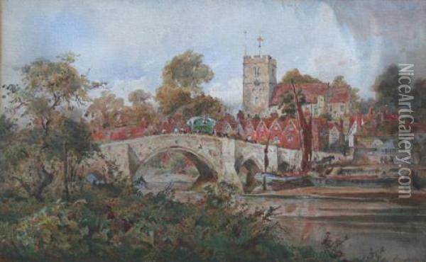 View Of A Village And Bridge From The Bank Of A River Oil Painting - Sidney Paul Goodwin