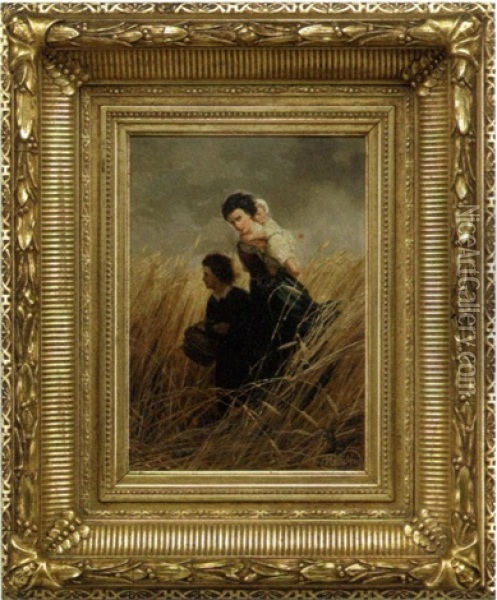 Mother And Children In A Wheat Field Oil Painting - Henri von Seban