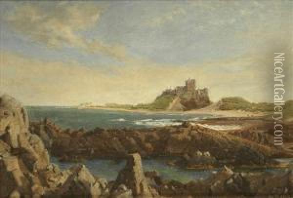 A Coastal View With A Castle In The Distance Believed To Be Bamburgh Castle Oil Painting - Nicol William W
