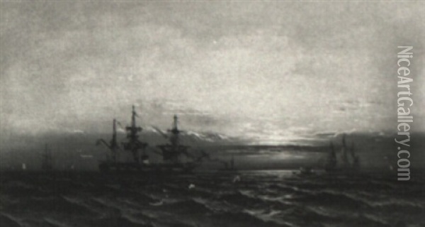 Ships At Sea At Sunrise Oil Painting - James Hamilton
