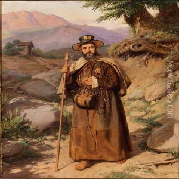 An Italian Monk Hiking In The Mountains Oil Painting - Jorgen Roed