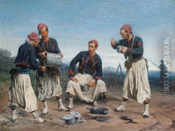 Refreshment At The Zouave Encampment Oil Painting - Charles Dominique Oscar Lahalle