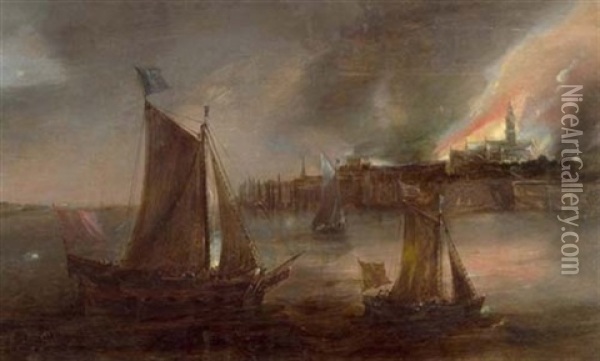 Flusslandschft Mit Segelboot Vor Einer Stadt Oil Painting - Frans de Momper