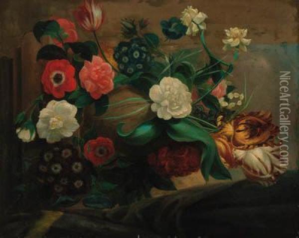 Parrot Tulips, Anemonies, 
Narcissae, Convulvulae, Auriculars,rosebuds And Other Flowers In An Urn 
On A Stone Ledge Oil Painting - Godfried Schalcken