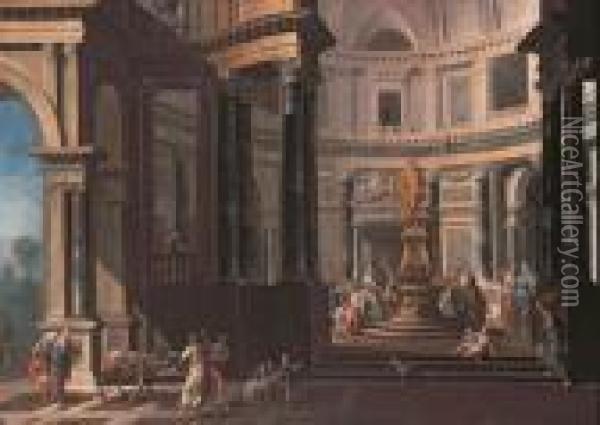 Pair Of Works: Two Large Architectural Interiors. Oil Painting - Giovanni Niccolo Servandoni