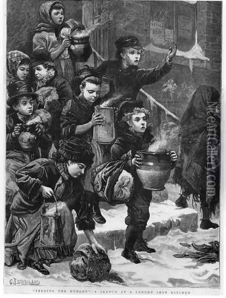Feeding the Hungry, A London Soup Kitchen, 1880 Oil Painting - Charles J. Staniland