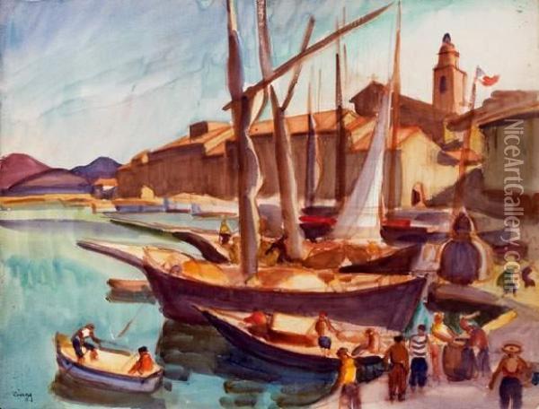 Bateaux A Quai Dans Le Port De Saint-tropez Oil Painting - Jules Emile Zingg