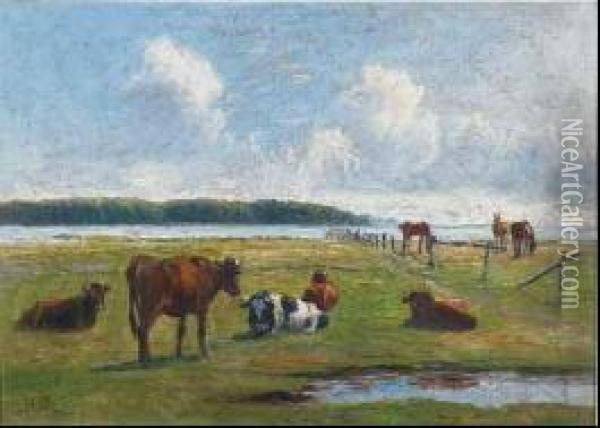 Cows And Horses In A Pasture Oil Painting - Nils Hans Christiansen