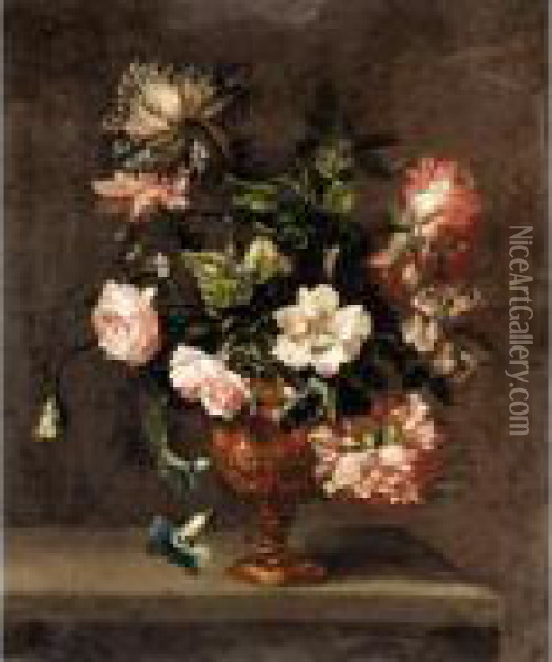 Still Life Of Roses, Paeonies, And Other Flowers In A Vase On A Ledge Oil Painting - Emily, Nee Coppin Stannard