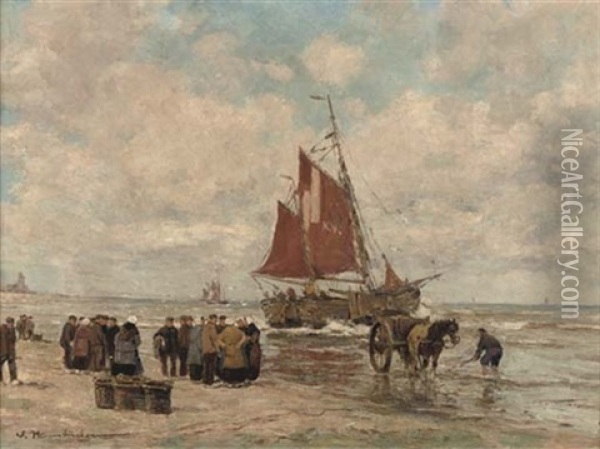 A Gathering On The Beach Of Katwijk Oil Painting - Wilhelm Hambuechen