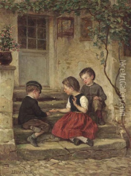 Playing Jacks Oil Painting - Theophile Emmanuel Duverger