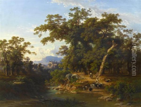 Cattle Herdsmen At A River Before A Broad Landscape. Oil Painting - Johann Jakob Frey
