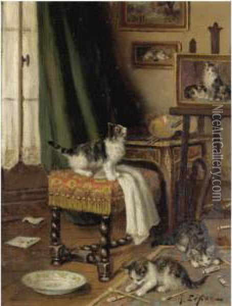 While The Artist's Away The Cats Will Play Oil Painting - Jules Le Roy