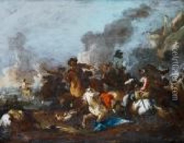A Cavalry Skirmish Oil Painting - August Querfurt