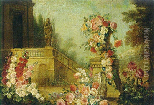 Flowers In An Urn And An Upturned Vase In A Classical Garden Oil Painting - Andrea Belvedere