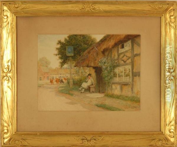 Street Scene With A Tavern, A Seated Man, And Grazing Cows Oil Painting - Arthur Claude Strachan