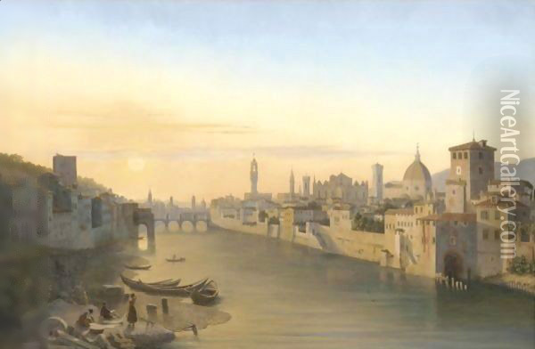 Florence, A View Of The River Arno Oil Painting - Antoine Marie Perrot