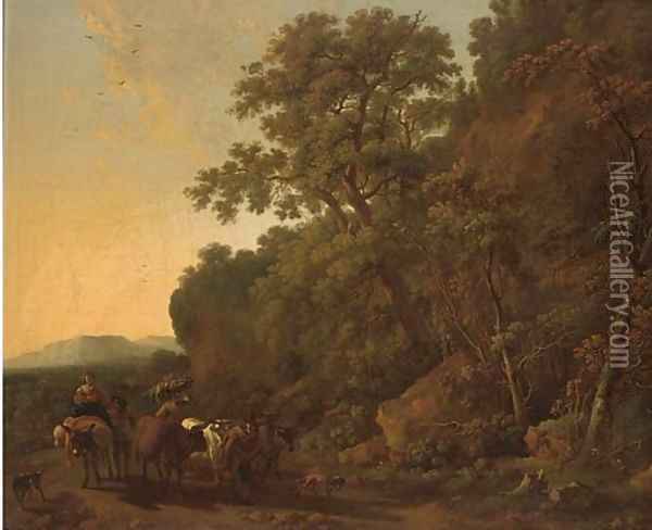 A wooded landscape with a drover and his cattle with other travellers on a track Oil Painting - Nicolaes Berchem
