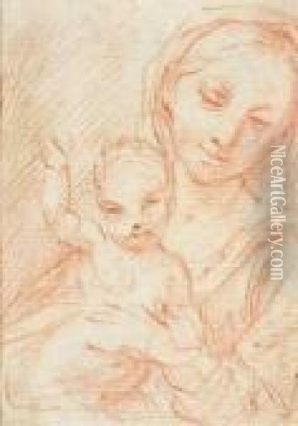 Madonna And The Child. Red Chalk
 On Paper, Verso Old Collector'snotes In Handwriting And A Crowned 
Collector's Mark Oil Painting - Simone Cantarini Il Pesarese