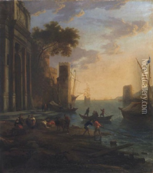Ansicht Eines Hafens Mit Antiken Gebauden, Handlern Und Fischern Oil Painting - Gregorio Fidanza