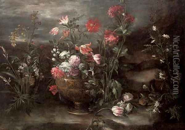Carnations, tulips and roses in an urn in a rocky landscape Oil Painting - Margherita Caffi