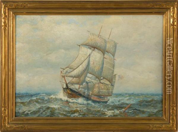Portrait Of A Brig Sailing Towards The Viewer's Left Oil Painting - James Gale Tyler