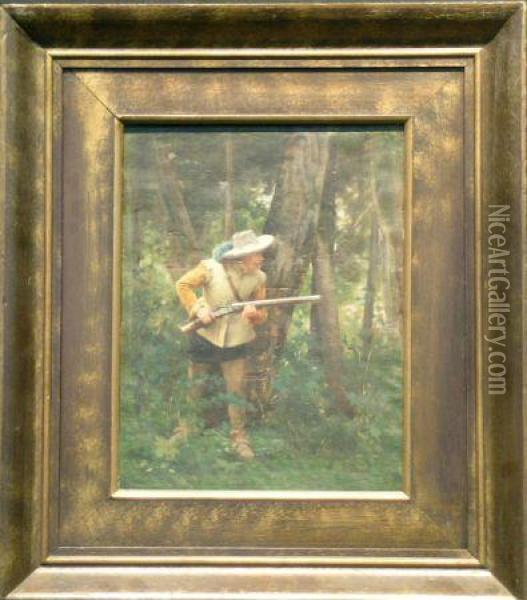 Musketeer In A Forest Oil Painting - Albert Pierre Dawant